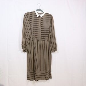 Taurus II Striped Long‎ Sleeve Dress 10 Brown Womens Vintage Collared Midi